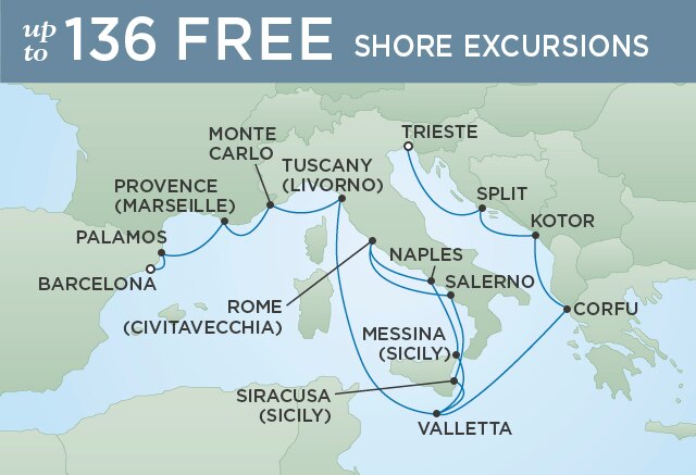 Regent Cruises | 17-Nights from Trieste to Barcelona Cruise Iinerary Map