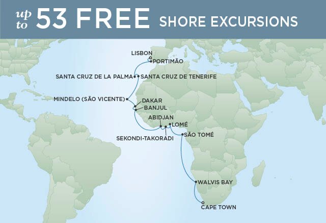 Regent Cruises | 24-Nights from Lisbon to Cape Town Cruise Iinerary Map