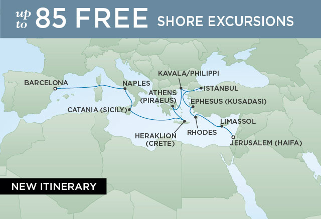 Regent Cruises | 15-Nights from Barcelona to Jerusalem Cruise Iinerary Map