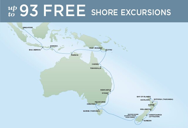 Regent Cruises | 33-Nights from Auckland to Singapore Cruise Iinerary Map