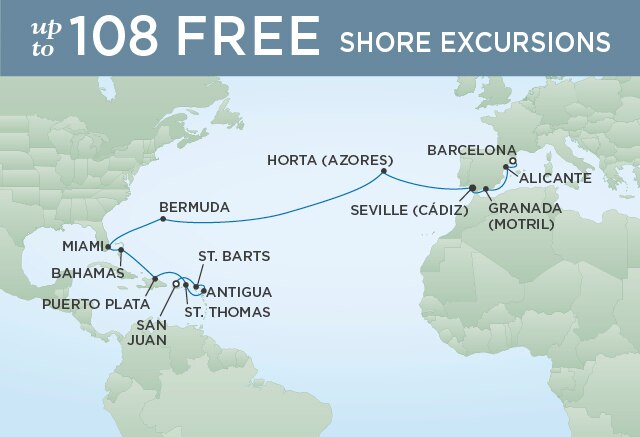 Regent Cruises | 21-Nights from San Juan to Barcelona Cruise Iinerary Map