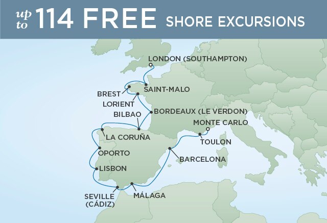 Regent Cruises | 14-Nights from London to Monte-Carlo Cruise Iinerary Map