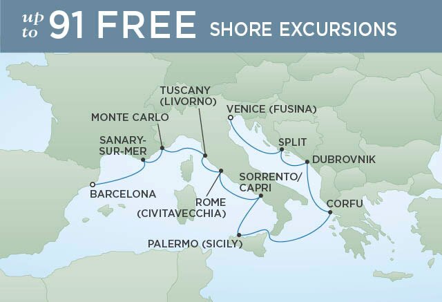 Regent Cruises | 12-Nights from Barcelona to Venice Cruise Iinerary Map