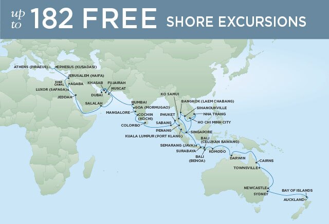 Regent Cruises | 70-Nights from Auckland to Athens Cruise Iinerary Map