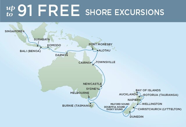 Regent Cruises | 33-Nights from Auckland to Singapore Cruise Iinerary Map