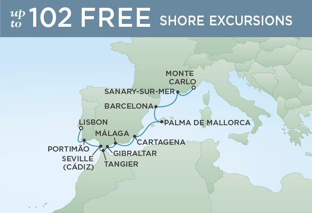 Regent Cruises | 10-Nights from Monte-Carlo to Lisbon Cruise Iinerary Map