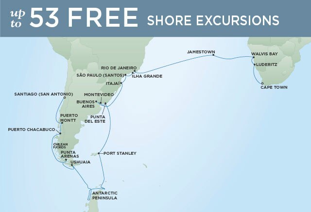 Regent Cruises | 38-Nights from Cape Town to Santiago Cruise Iinerary Map