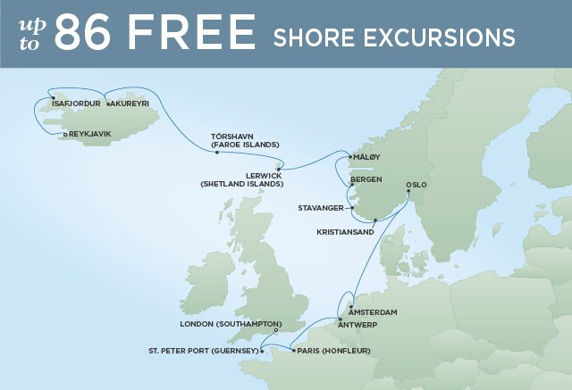 Regent Cruises | 18-Nights from Reykjavik to London Cruise Iinerary Map