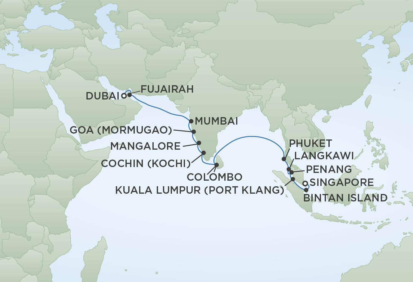 Regent Cruises | 21-Nights from Dubai to Singapore Cruise Iinerary Map