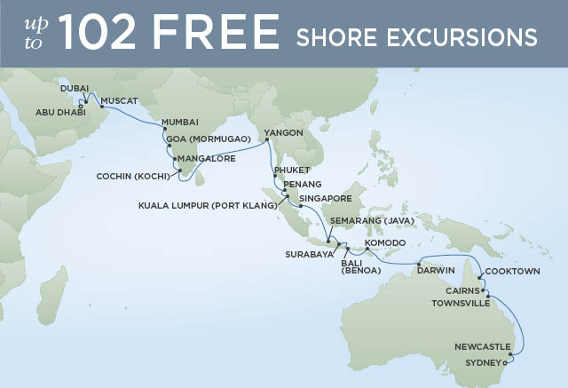 Regent Cruises | 38-Nights from Sydney to Abu Dhabi Cruise Iinerary Map