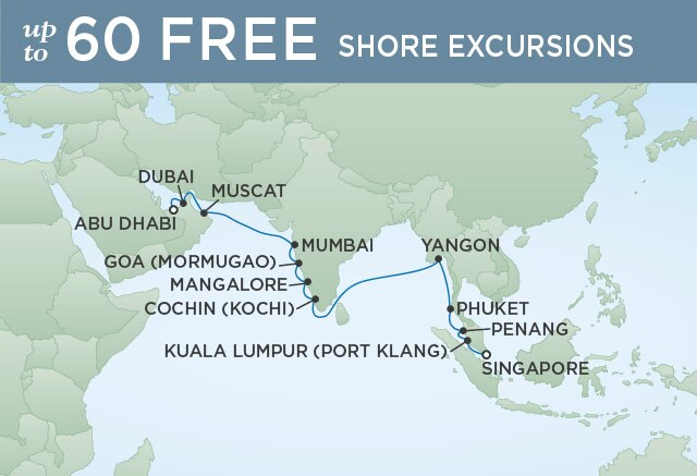 Regent Cruises | 20-Nights from Singapore to Abu Dhabi Cruise Iinerary Map