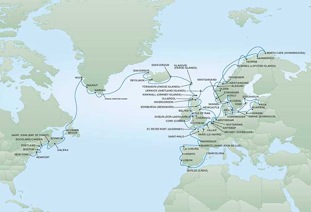 Regent Cruises | 83-Nights from New York to Barcelona Cruise Iinerary Map