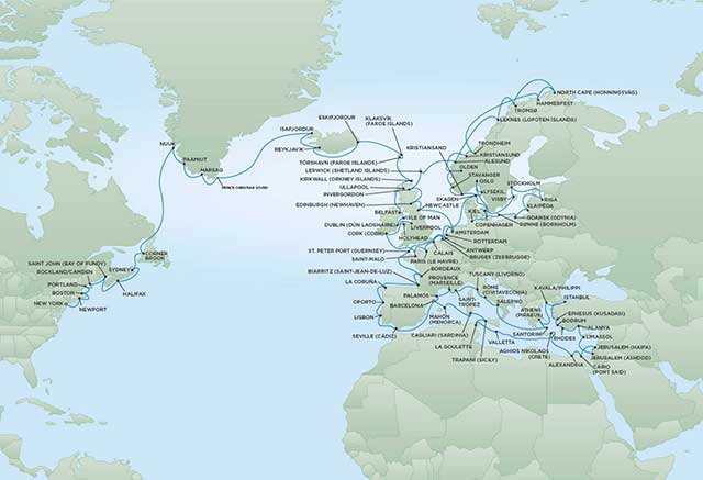 Regent Cruises | 117-Nights from New York to Barcelona Cruise Iinerary Map