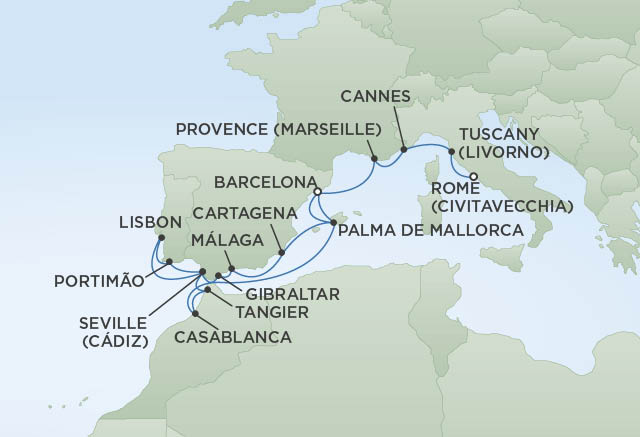 Regent Cruises | 17-Nights from Rome to Barcelona Cruise Iinerary Map